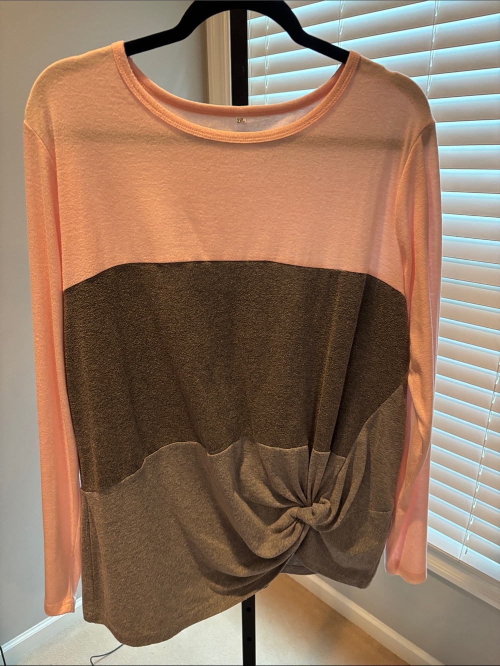 Soft pink and gray color block, knot shirt